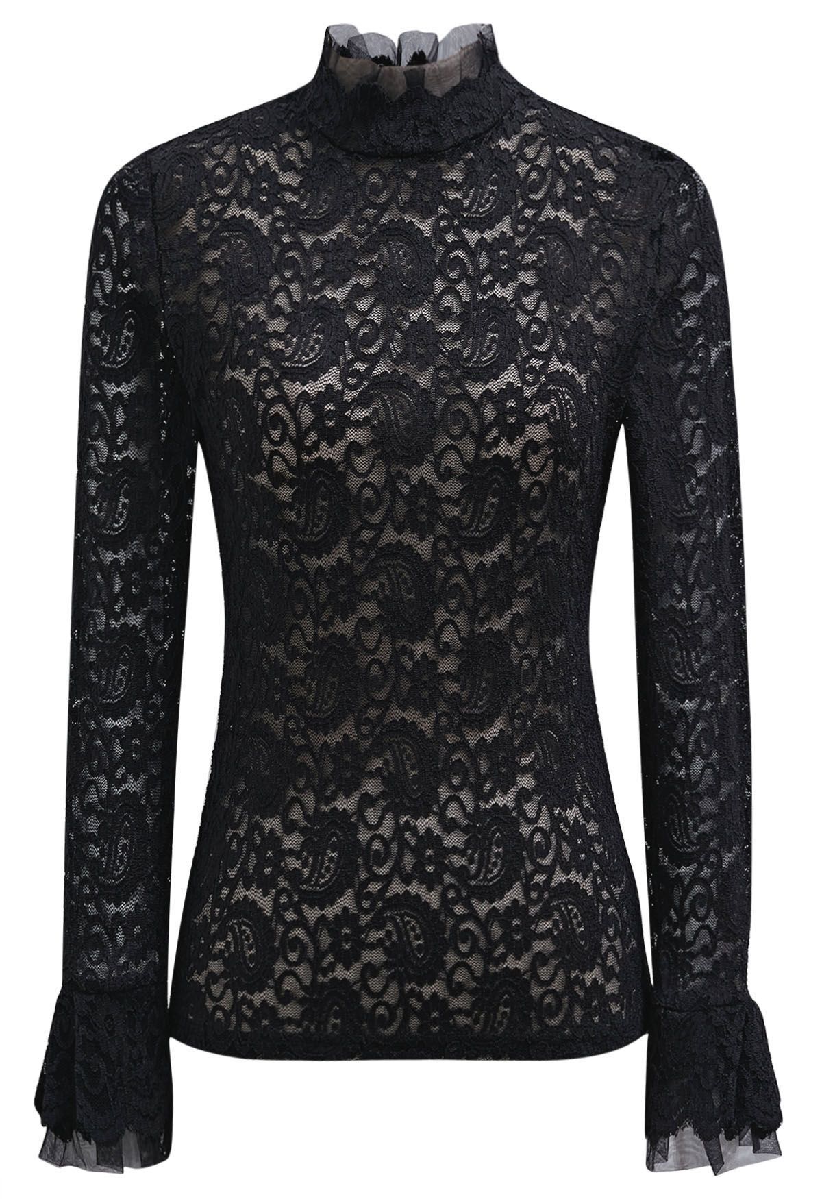 Paisley Full Lace Mesh Inserted Top in Black