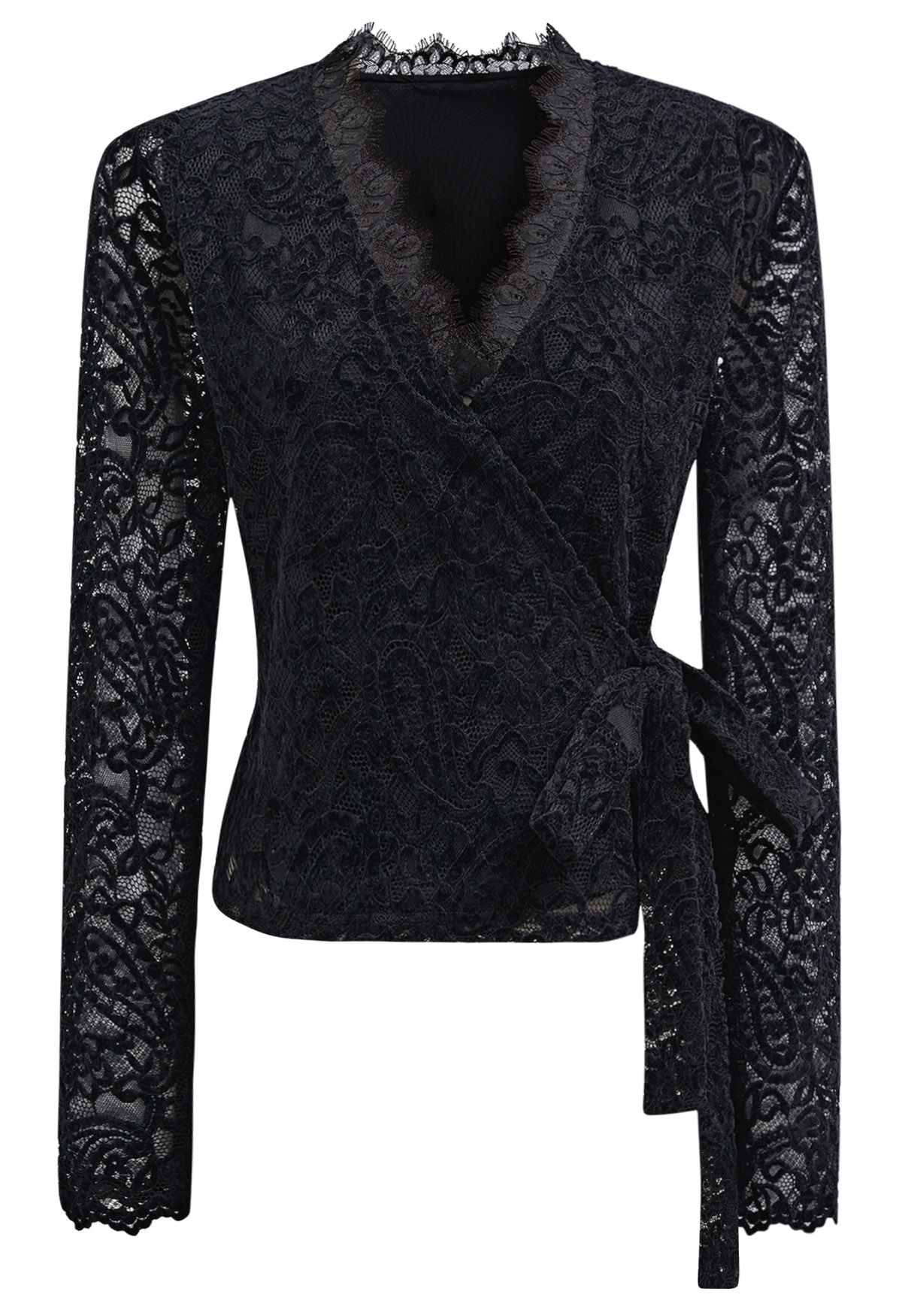 Paisley Full Lace Tie Waist Wrap Top in Black