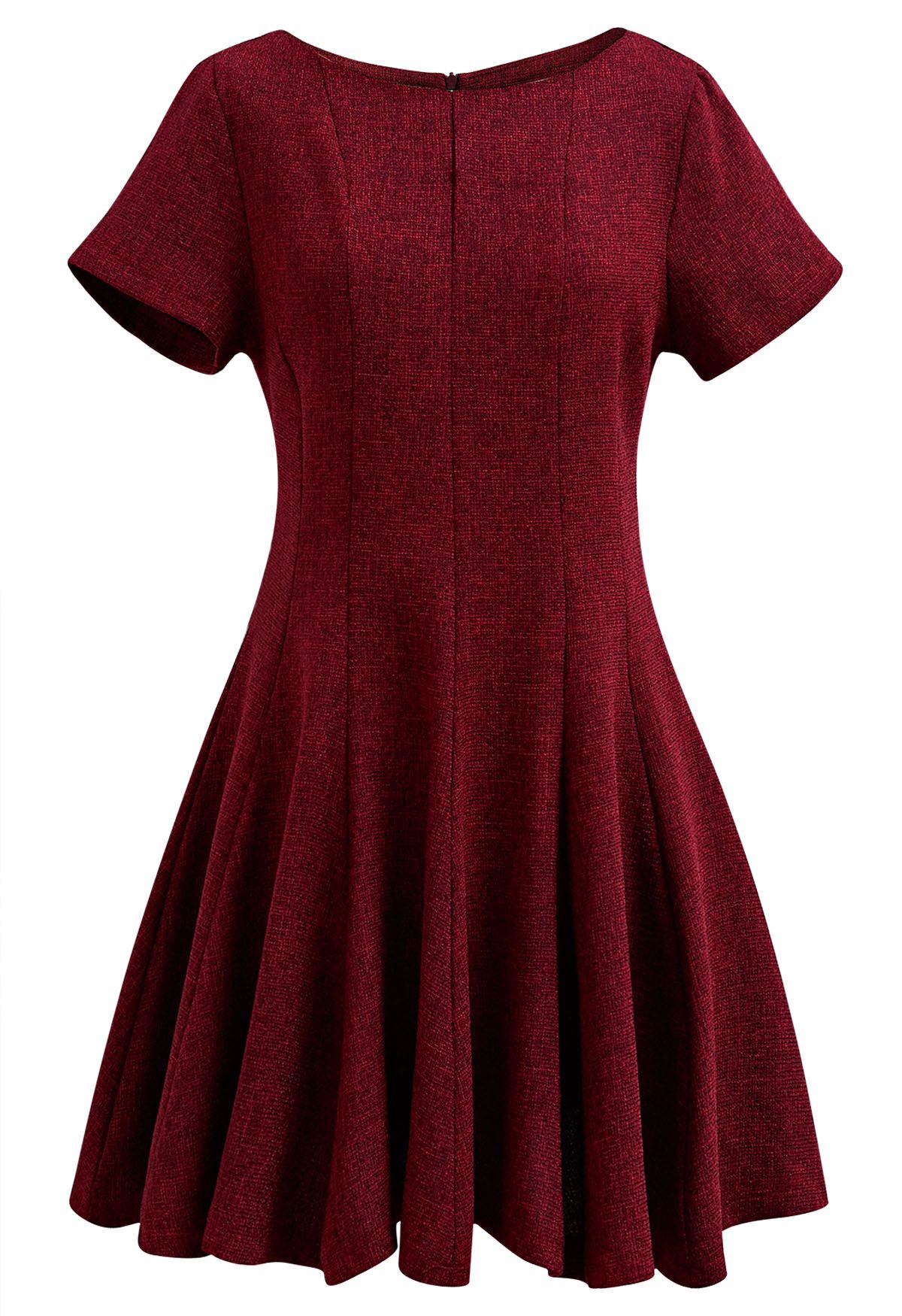 Fit-and-Flare Seamed Tweed Mini Dress in Red