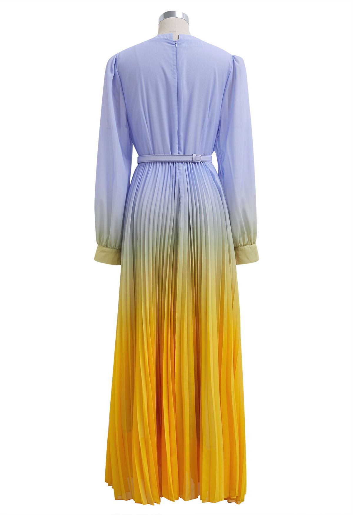 Blue-Yellow Ombre Pleated Belt Chiffon Maxi Dress