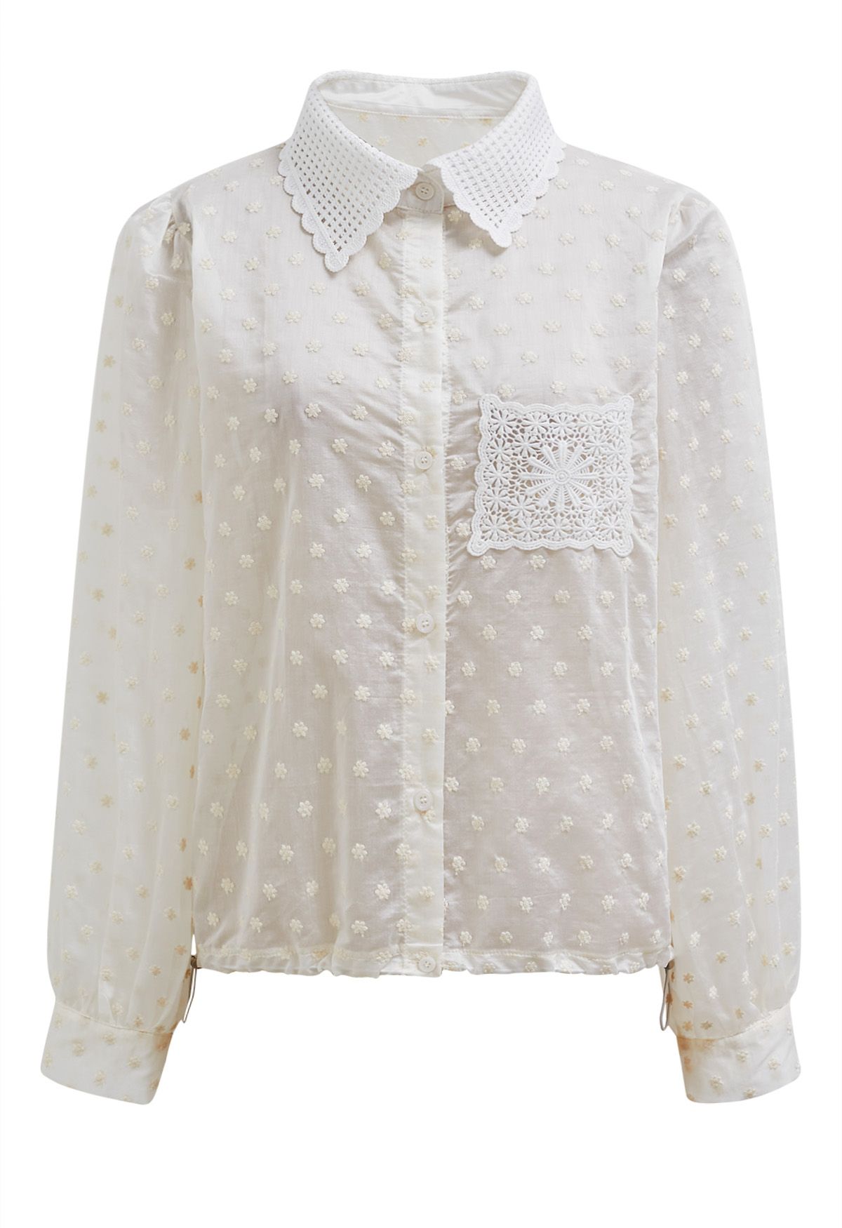 Lace Cutwork Pocket Embroidered Drawstring Shirt in Ivory