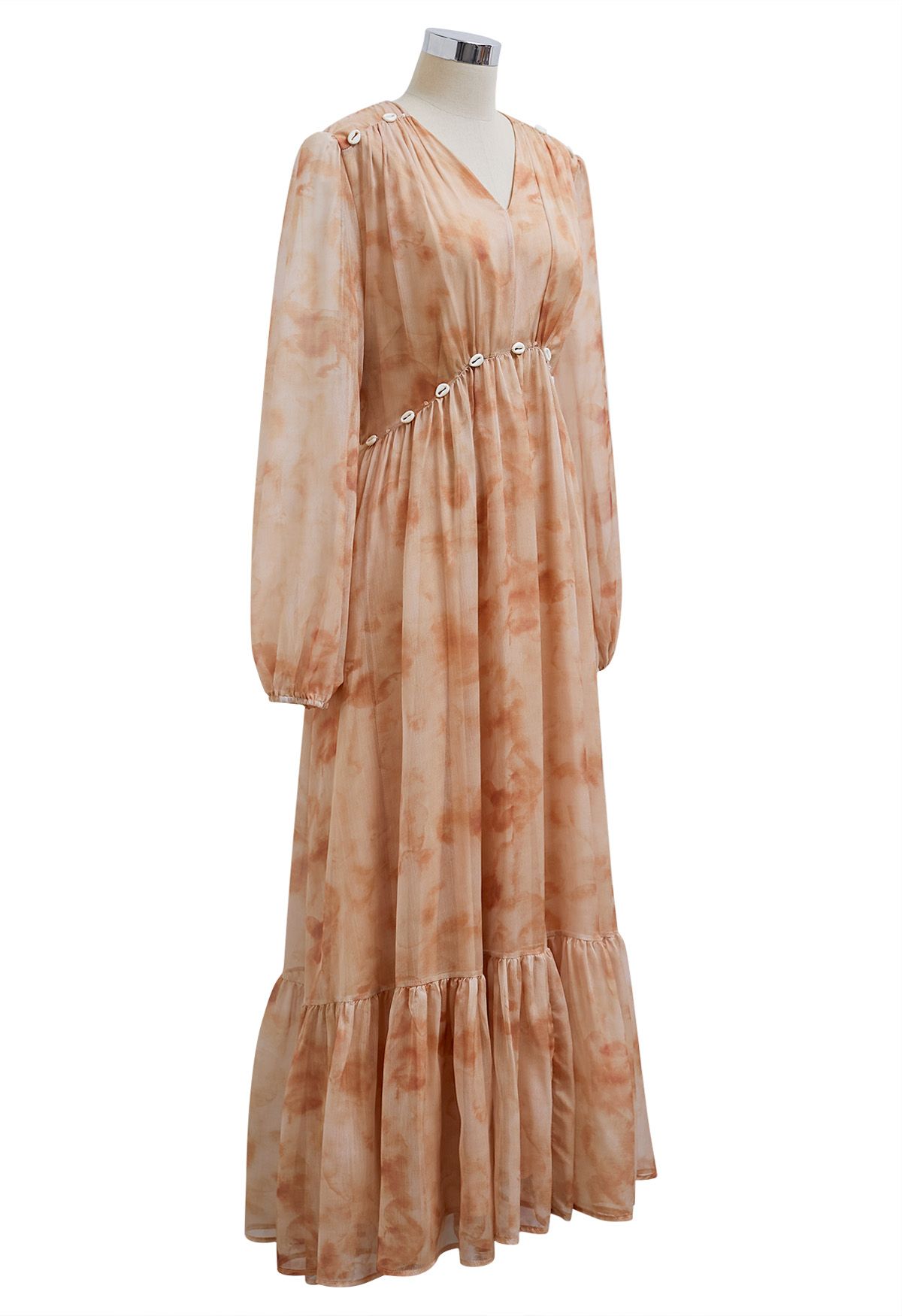 Seashell Beaded Tie-Waist Chiffon Maxi Dress in Coral