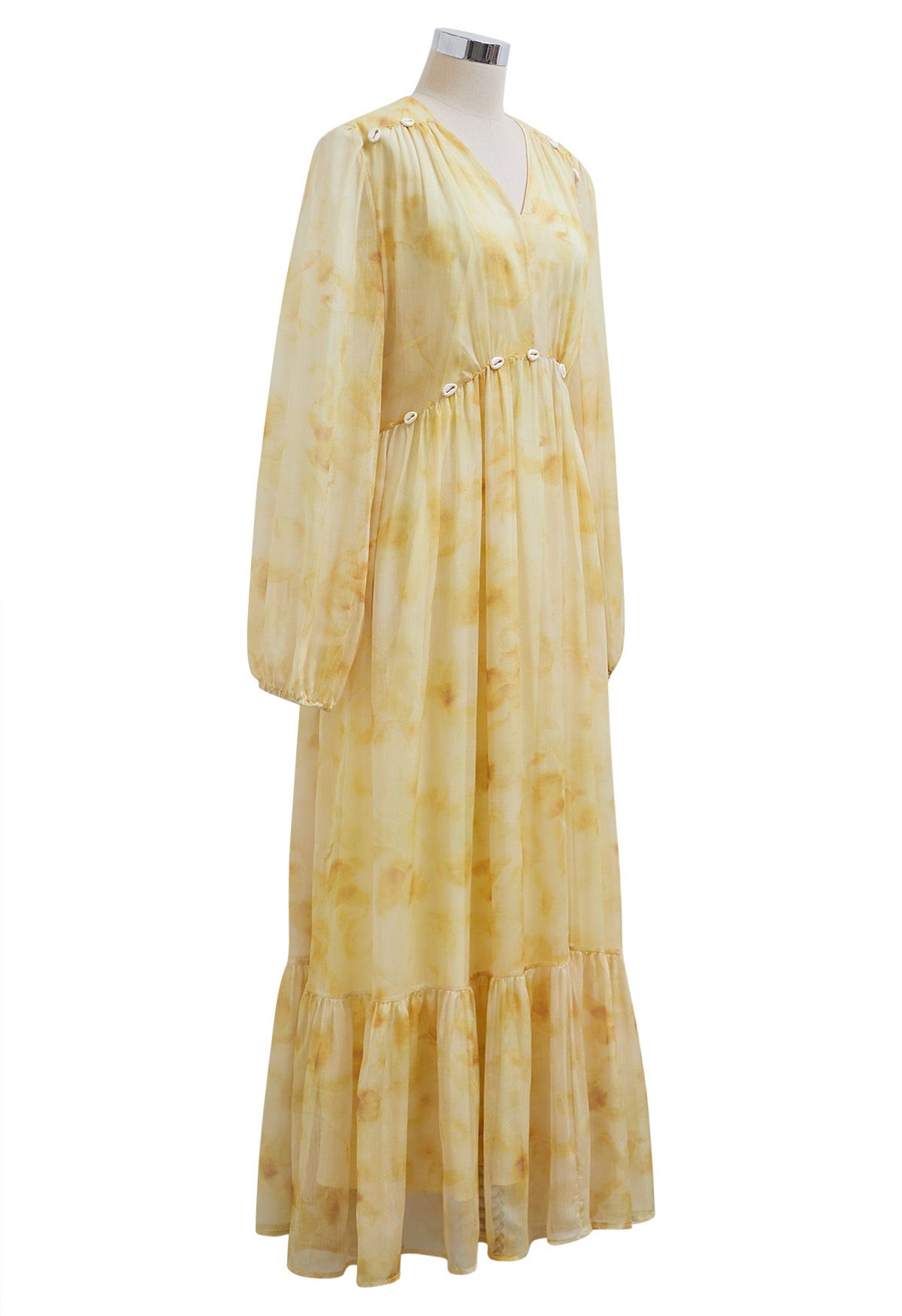 Seashell Beaded Tie-Waist Chiffon Maxi Dress in Yellow