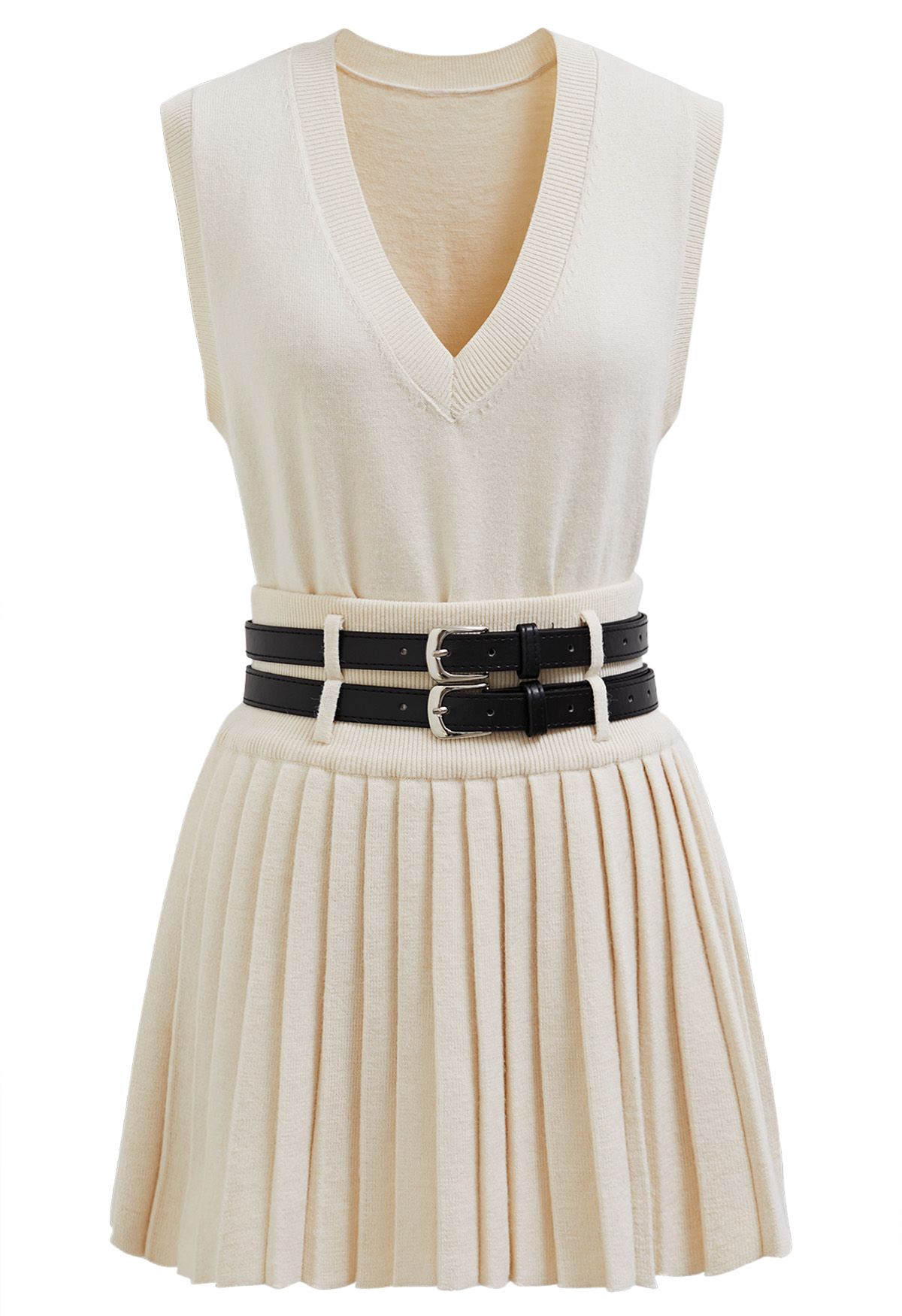 V-Neck Sleeveless Knit Top and Pleated Skirt Set in Cream