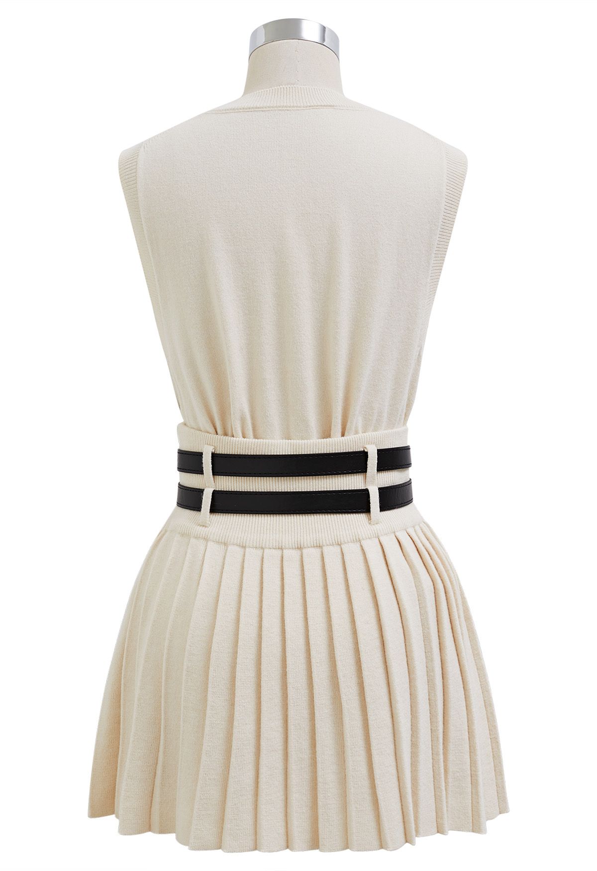 V-Neck Sleeveless Knit Top and Pleated Skirt Set in Cream