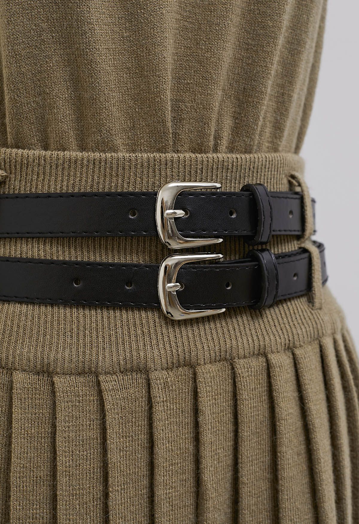 V-Neck Sleeveless Knit Top and Pleated Skirt Set in Khaki