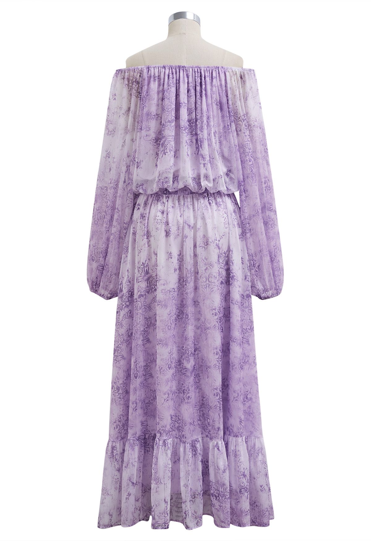 Vintage Baroque Off-Shoulder Chiffon Maxi Dress in Lilac