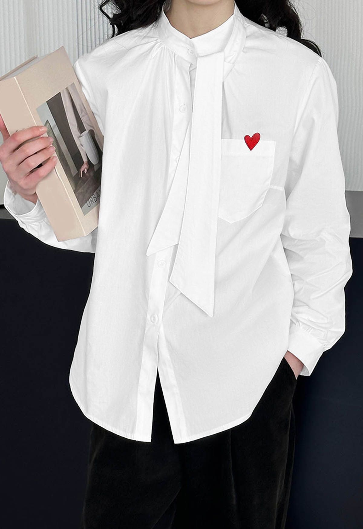 Embroidered Heart Patch Pocket Tie-Neck Shirt