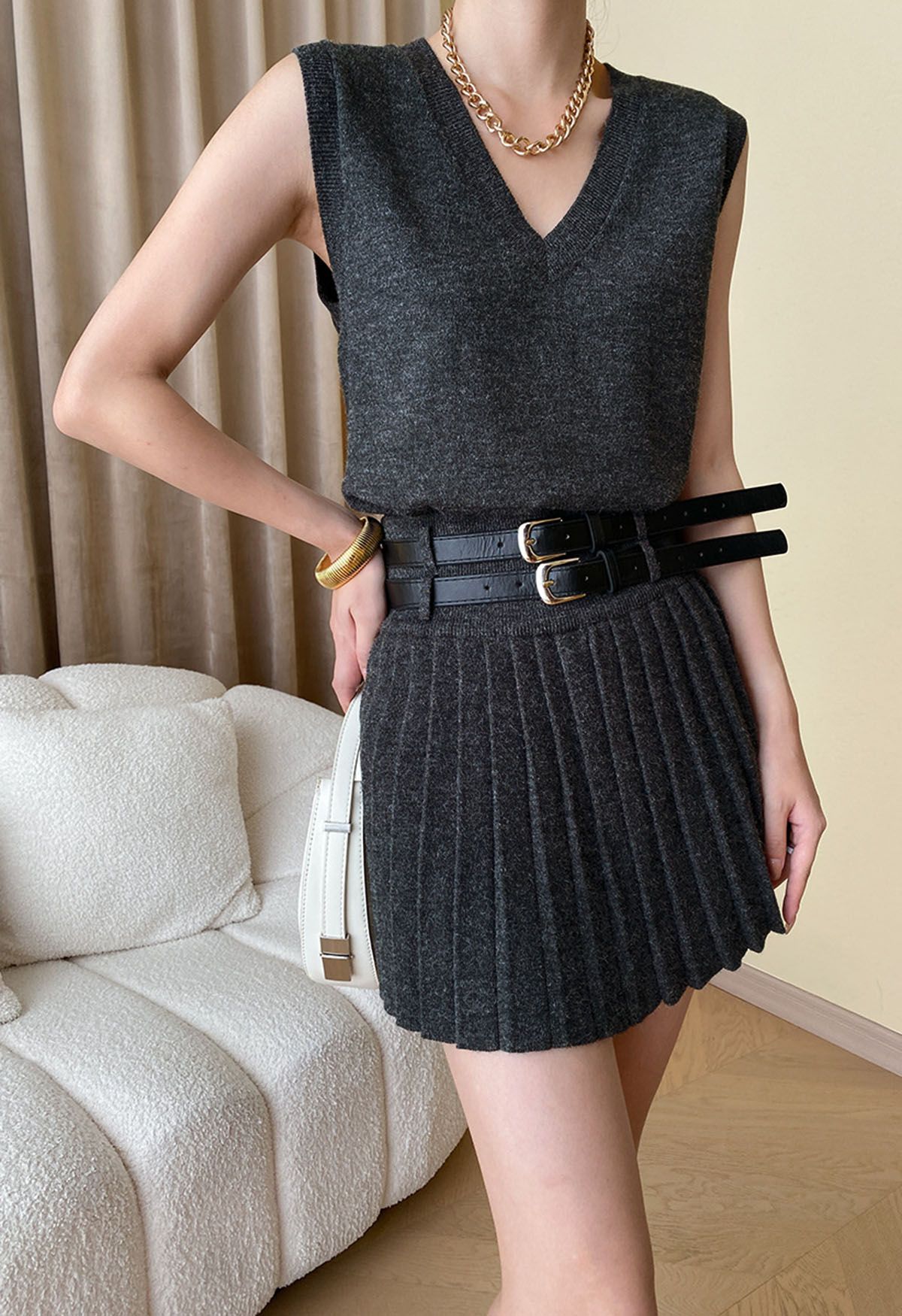 V-Neck Sleeveless Knit Top and Pleated Skirt Set in Smoke