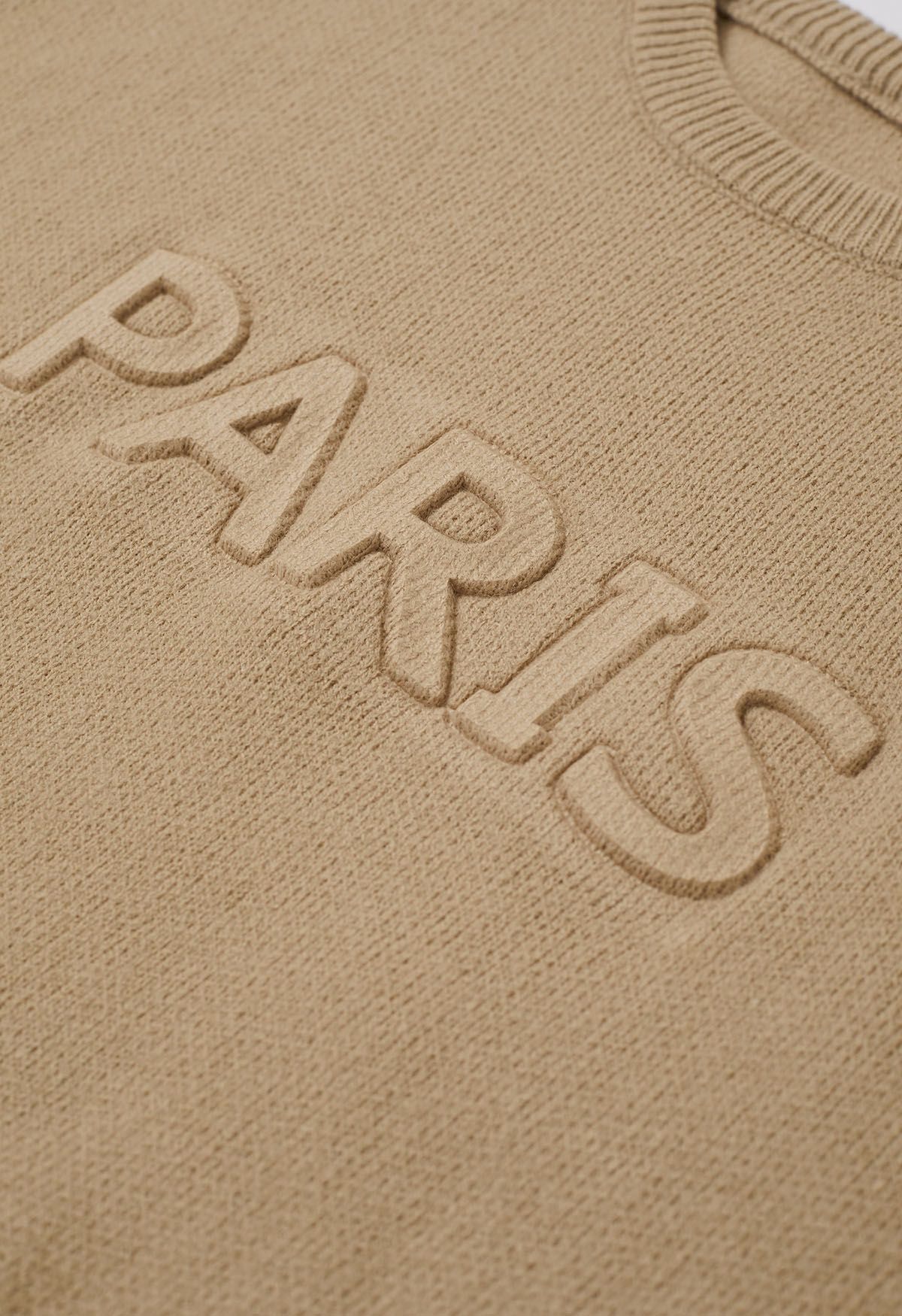 Paris Letter Knit Sweater and Skirt Set in Camel