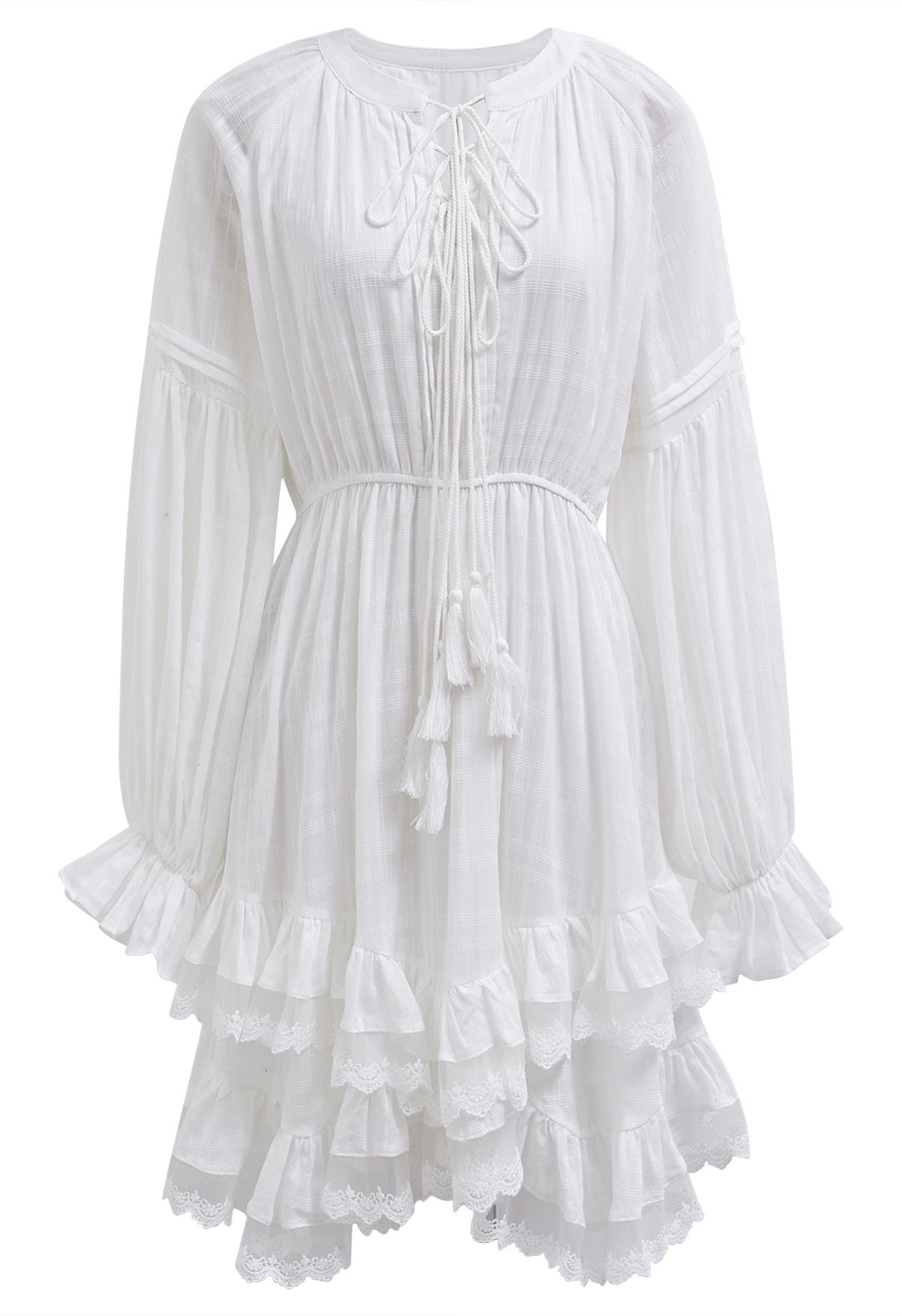 Tiered Ruffle Lace Trim Lantern Sleeves Asymmetric Midi Dress