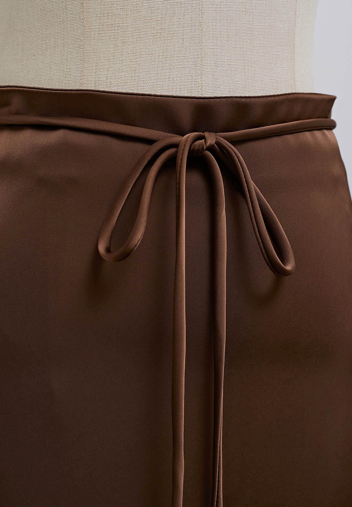 Tie String Satin Maxi Skirt in Brown