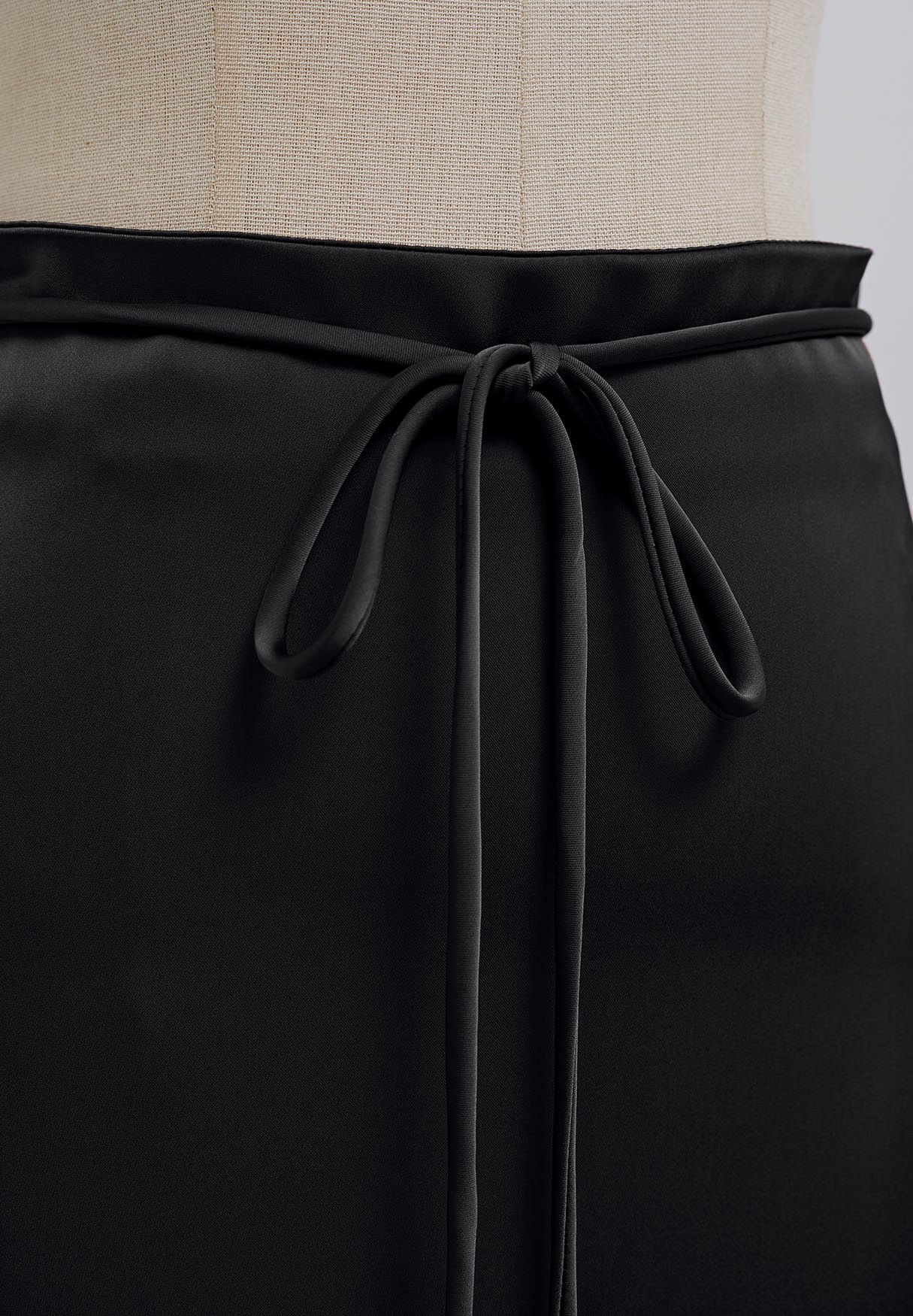 Tie String Satin Maxi Skirt in Black