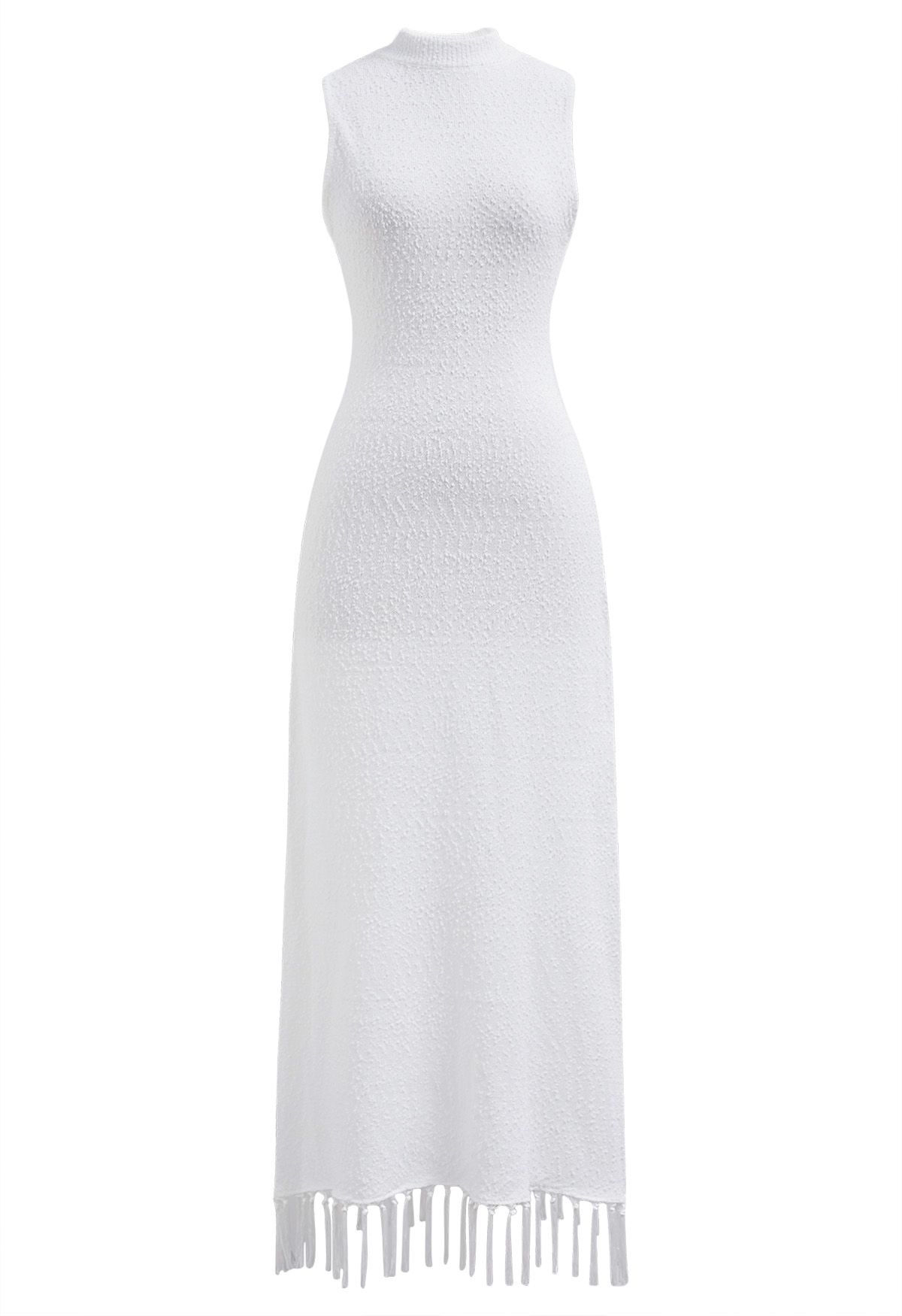 Fringed Texture Knit Sleeveless Maxi Dress in White