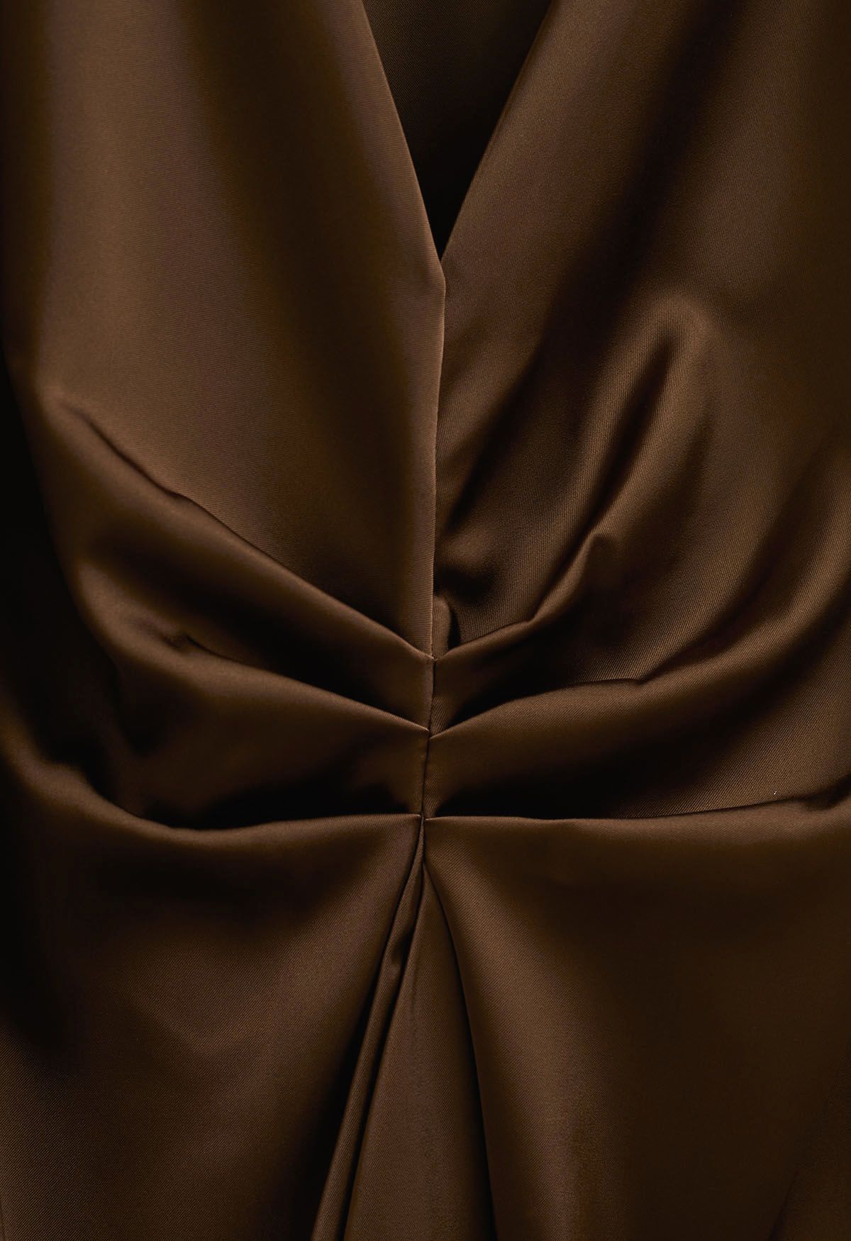 Tie Sash V-Neck Ruched Satin Top in Brown