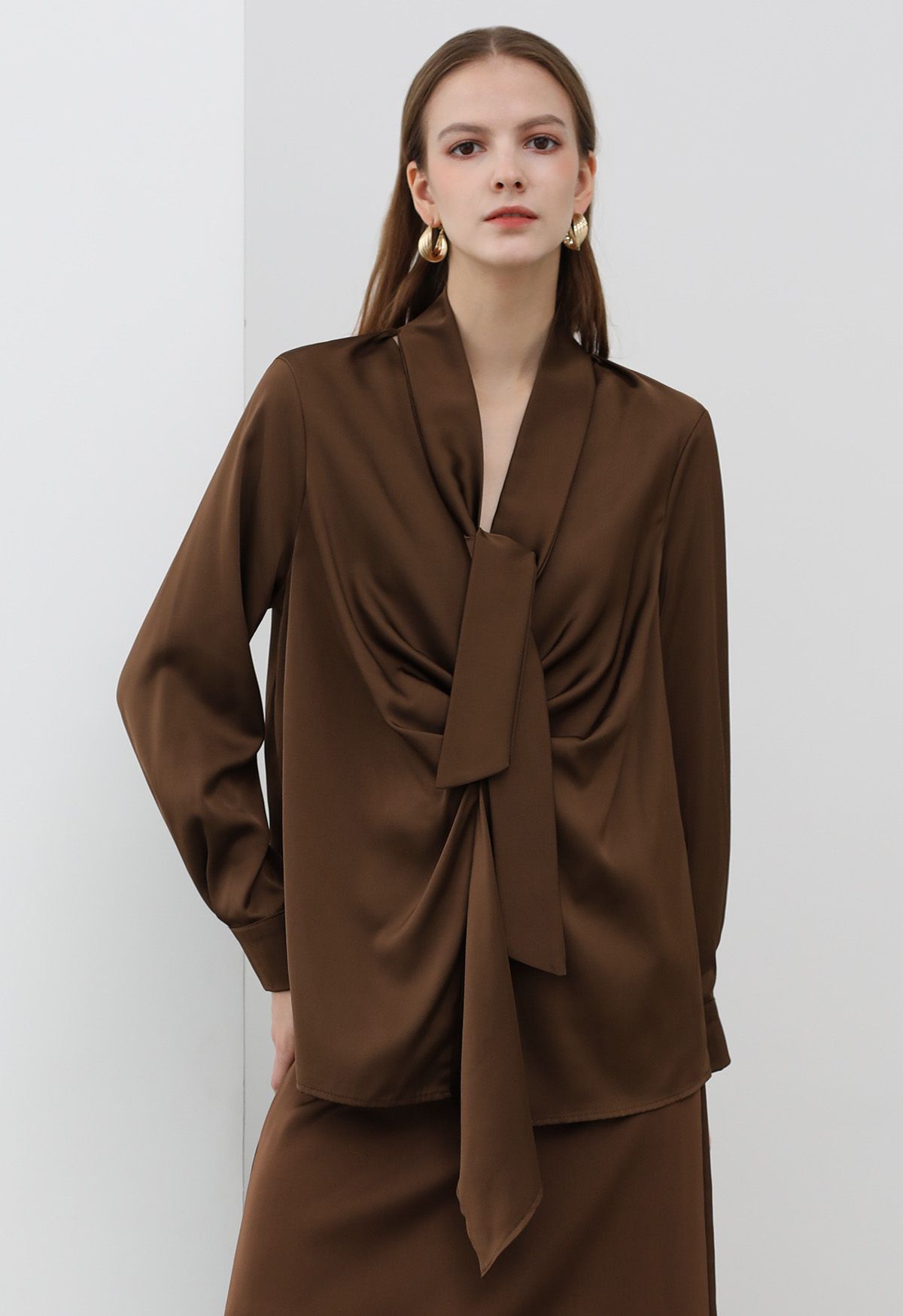 Tie Sash V-Neck Ruched Satin Top in Brown