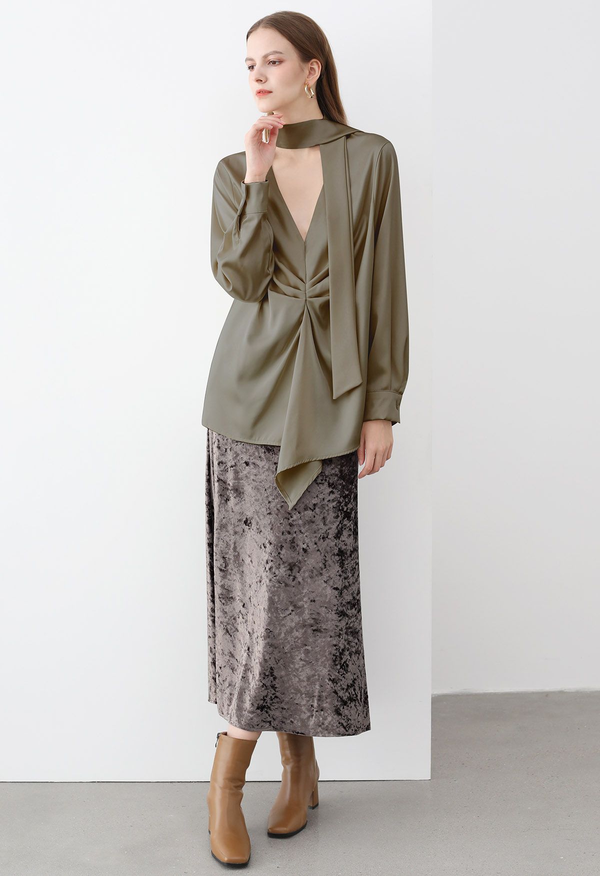 Tie Sash V-Neck Ruched Satin Top in Khaki