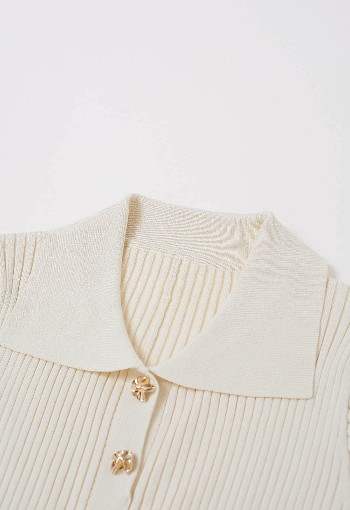 Collared Buttoned Short Sleeve Knit Midi Dress in Cream