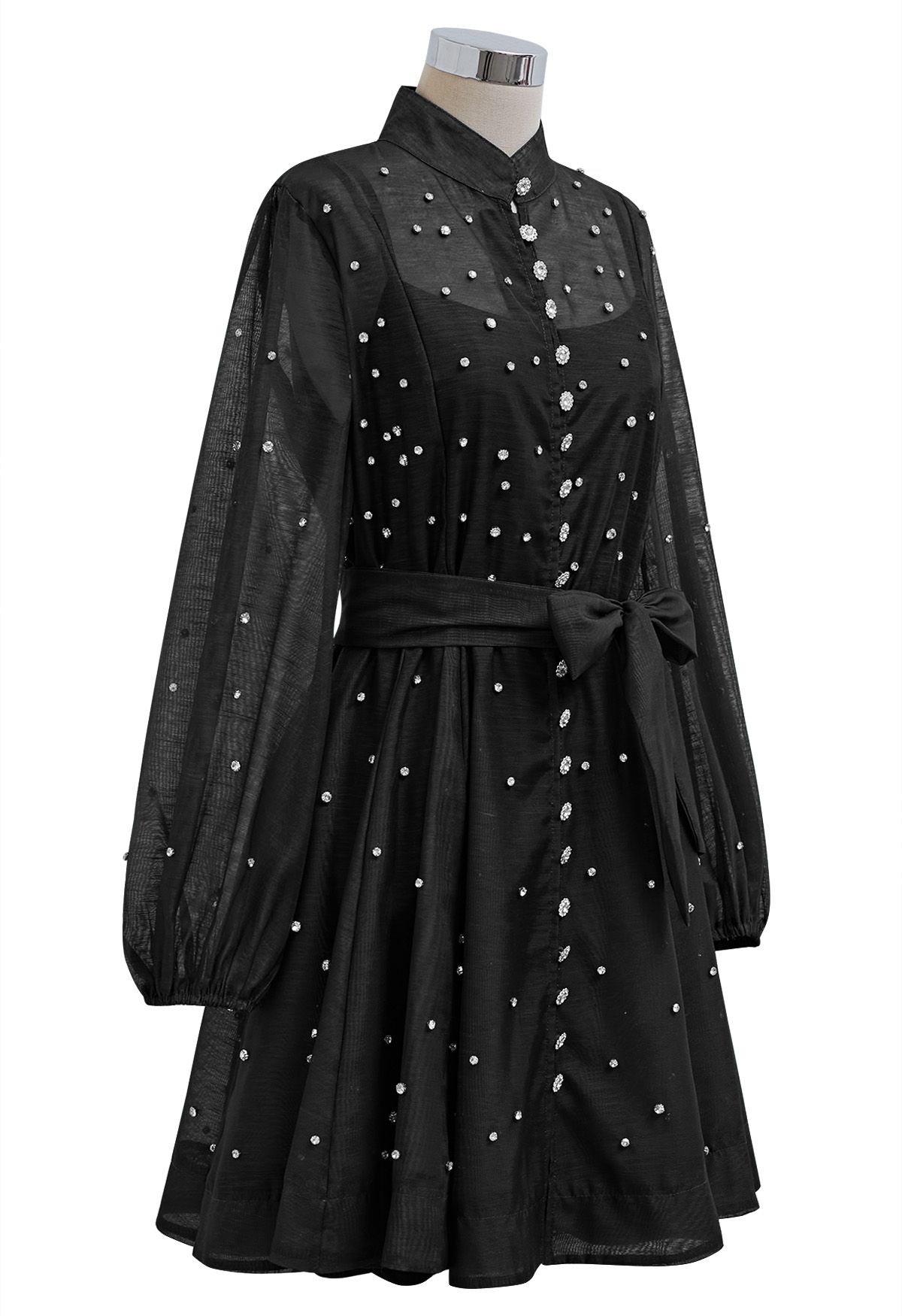 Rhinestone Decor Button Tie-Sash Organza Dress in Black