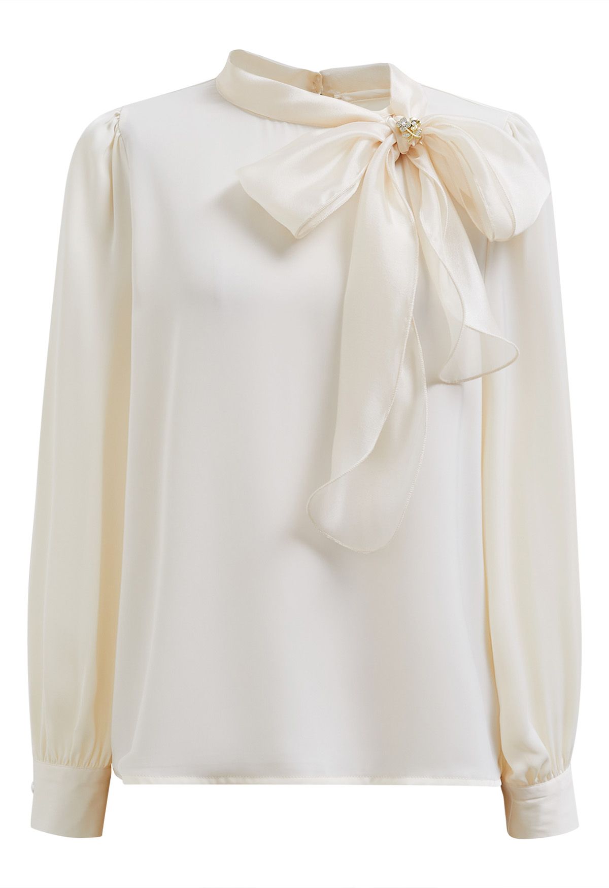 Self-Tie Bowknot Floral Brooch Satin Shirt in Cream