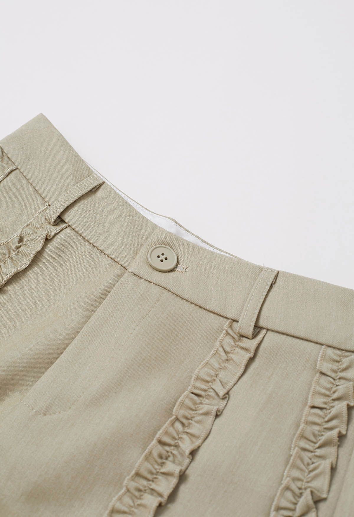 Leisurely Ruffled Trim Buttoned Shorts in Pea Green