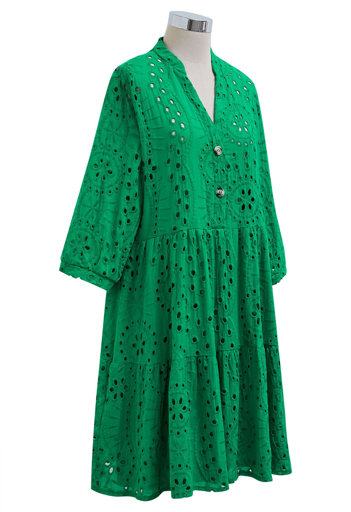 Eyelet Embroidery V-Neck Buttoned Dolly Dress