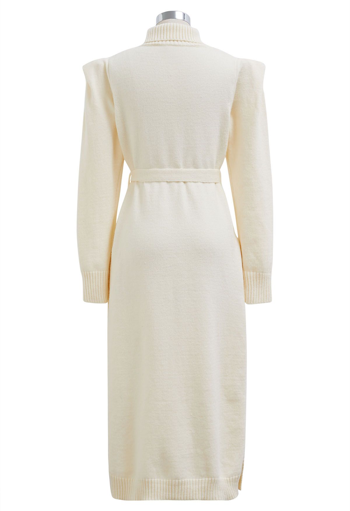 Turtleneck Belted Knit Midi Dress in Cream