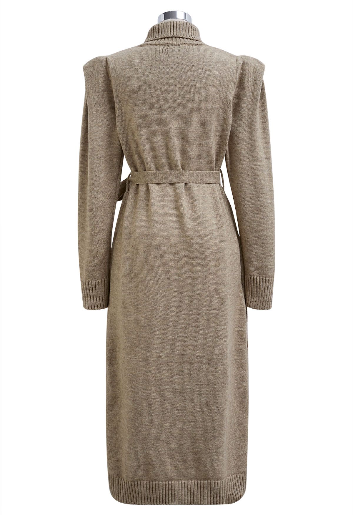 Turtleneck Belted Knit Midi Dress in Taupe