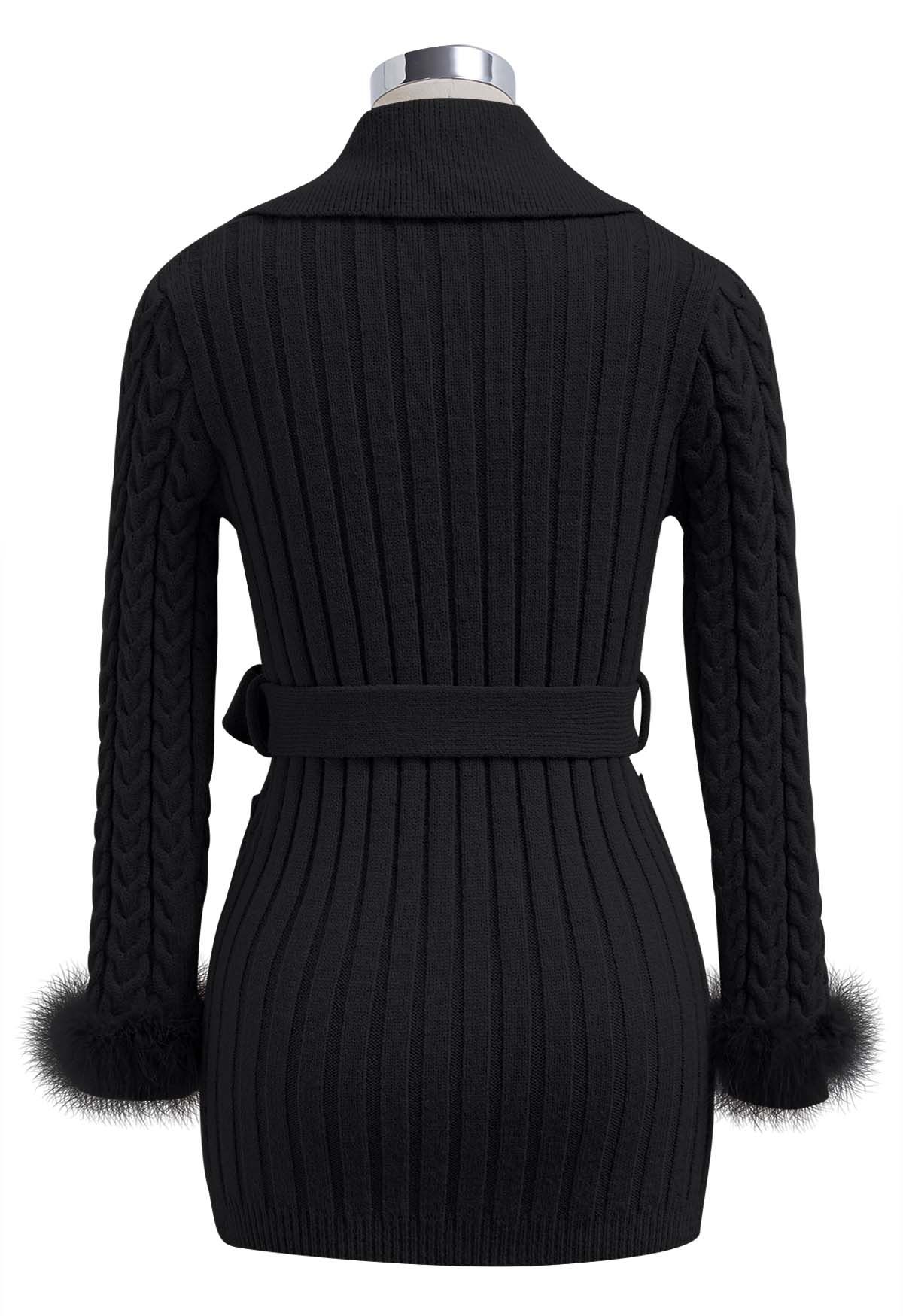 Feather Cuffs Belted Cable Knit Mini Dress in Black