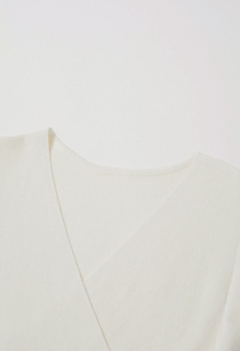 Organza Spliced Sleeveless Faux Wrap Knit Top in Ivory