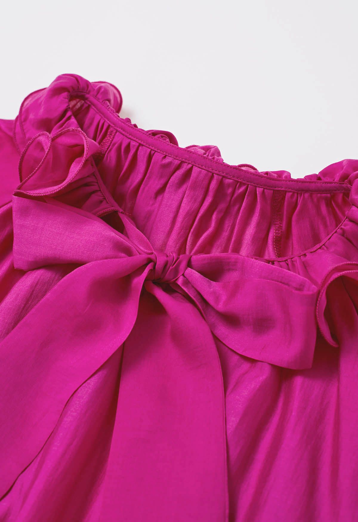 Tiered Ruffle Neckline Bowknot Lantern Sleeves Dolly Top in Magenta