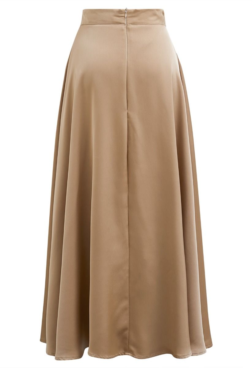 Timeless Elegance Satin A-Line Maxi Skirt in Tan