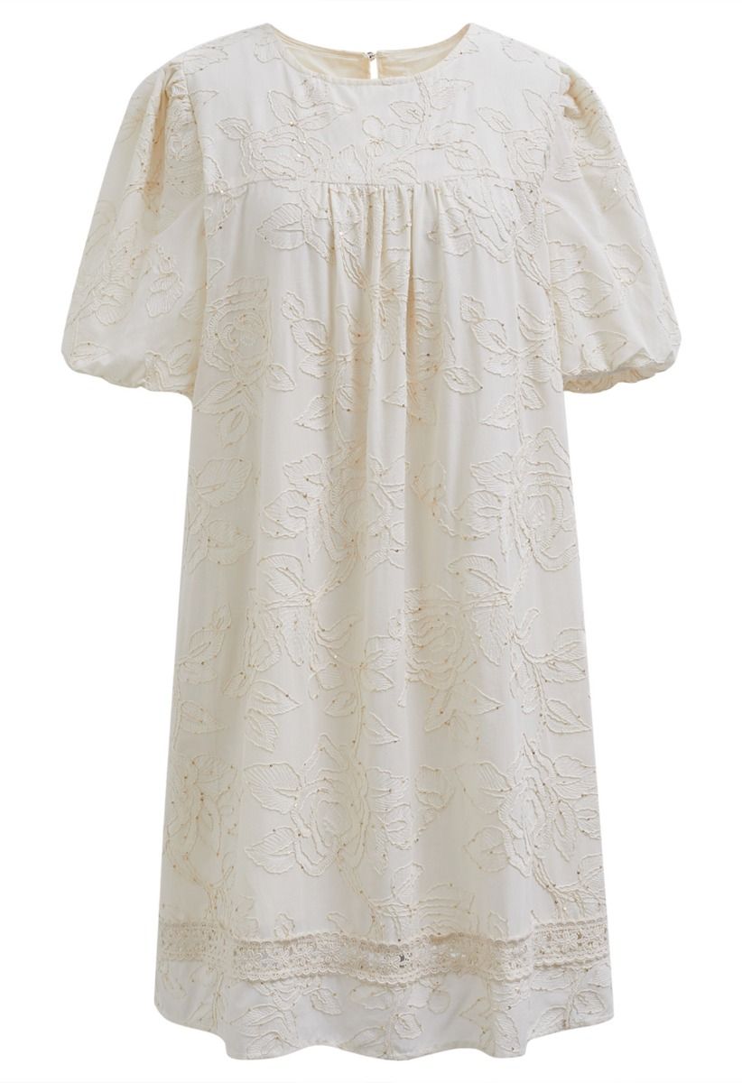 Sequins Trim Floral Embroidered Dolly Dress in Cream