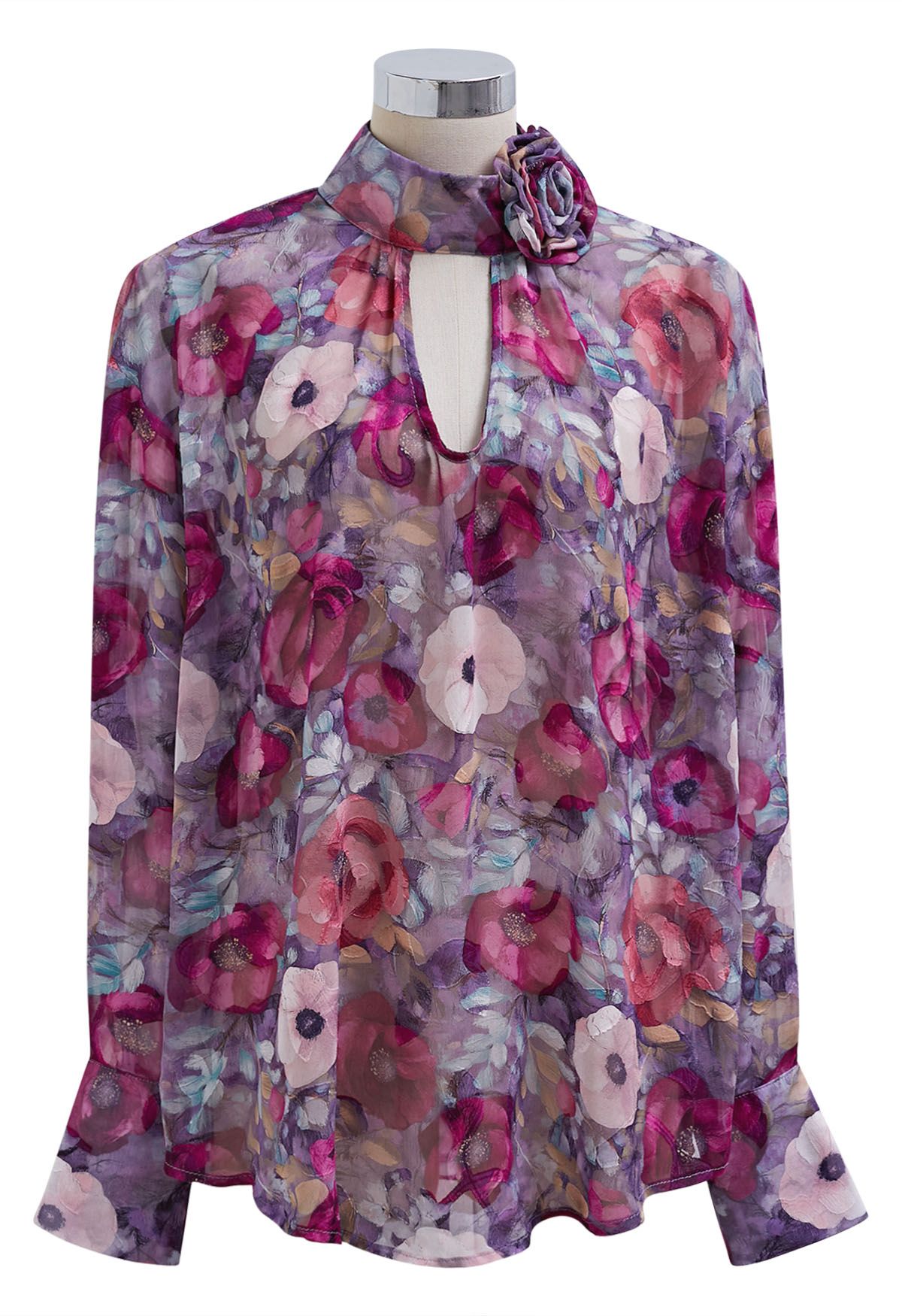 Floral Jacquard Puff Sleeves Asymmetric Chiffon Top