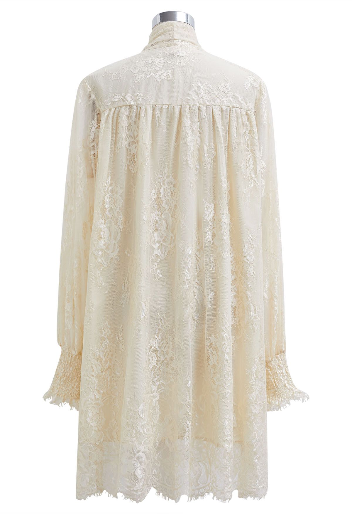 Self-Tie Bowknot Floral Lace Buttoned Dolly Dress in Cream