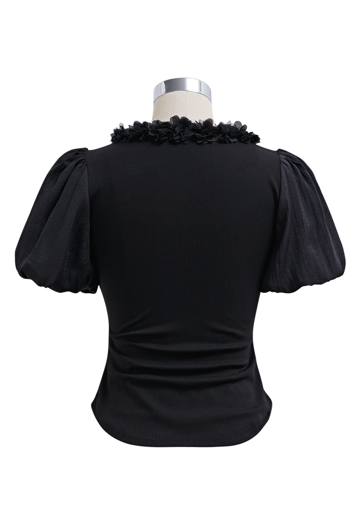 3D Flowers Neckline Bubble Sleeve Ruched Crop Top in Black