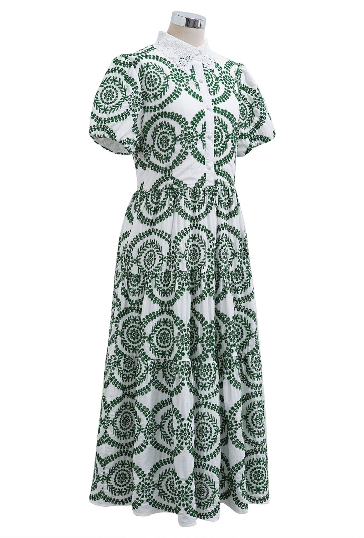 Crochet Collar Green Embroidered Eyelet Cotton Dress