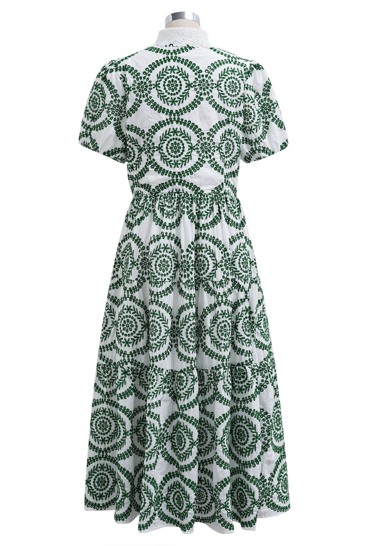 Crochet Collar Green Embroidered Eyelet Cotton Dress