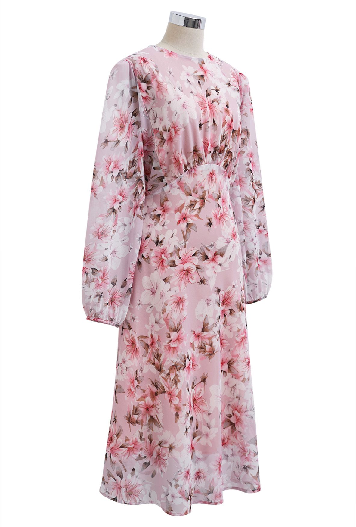 Cherry Blossom Printed Puff Sleeve Chiffon Midi Dress