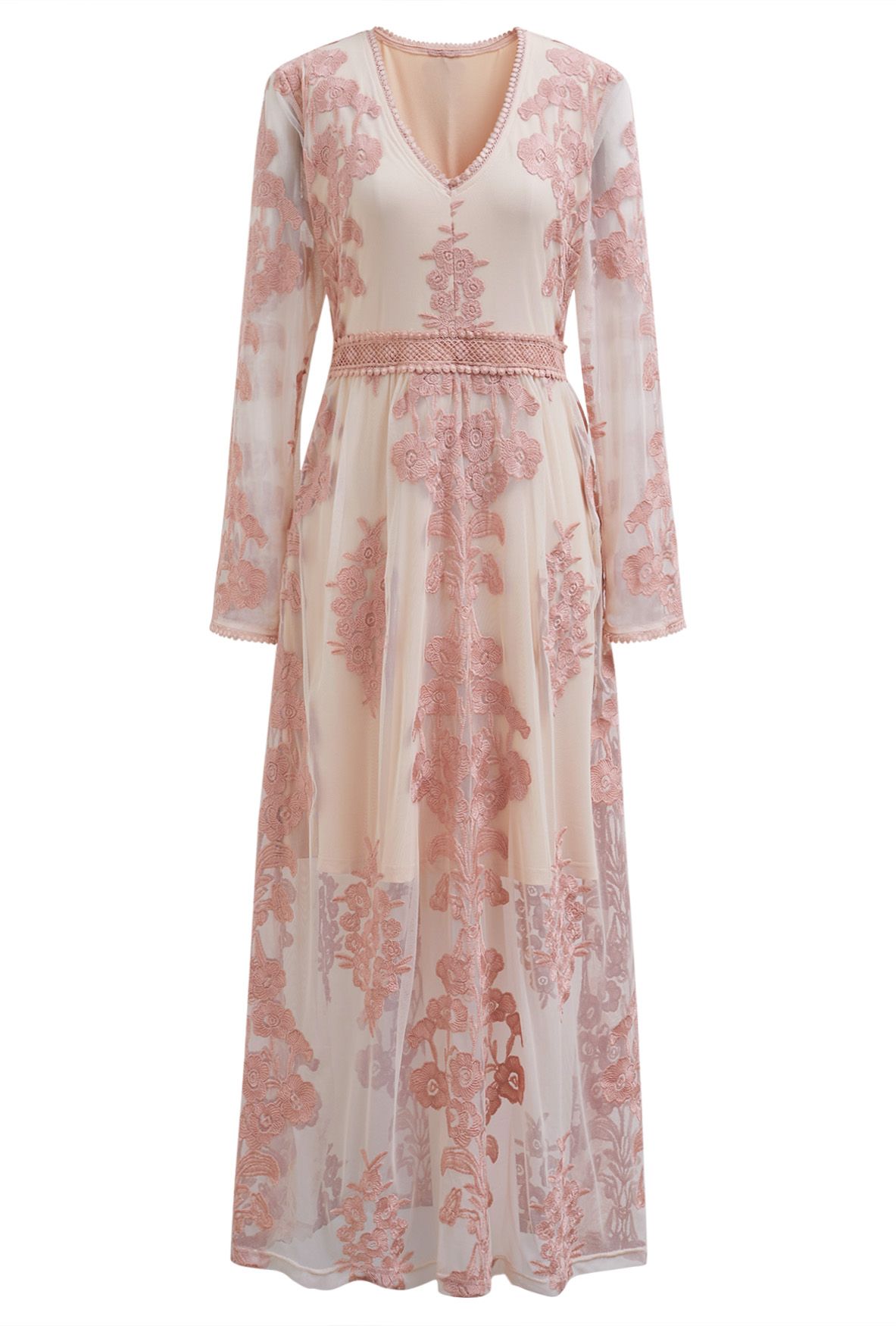 V-Neck Floral Embroidered Mesh Maxi Dress in Pink