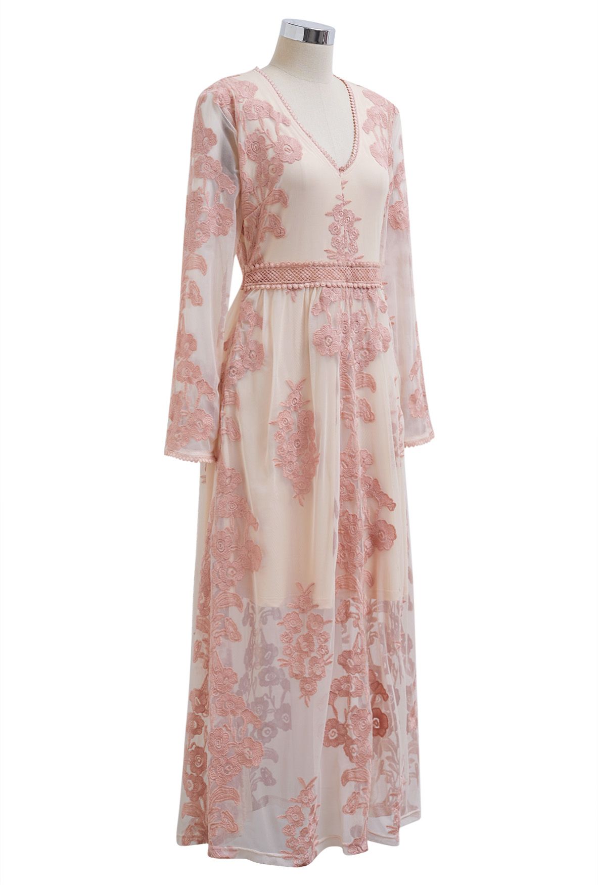 V-Neck Floral Embroidered Mesh Maxi Dress in Pink