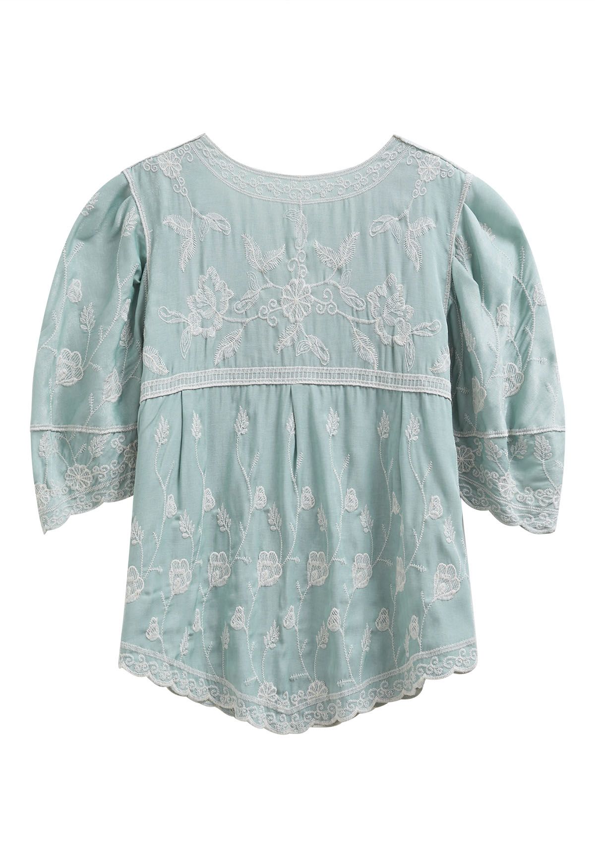 Lace Up Floral Embroidery Cotton Top in Mint