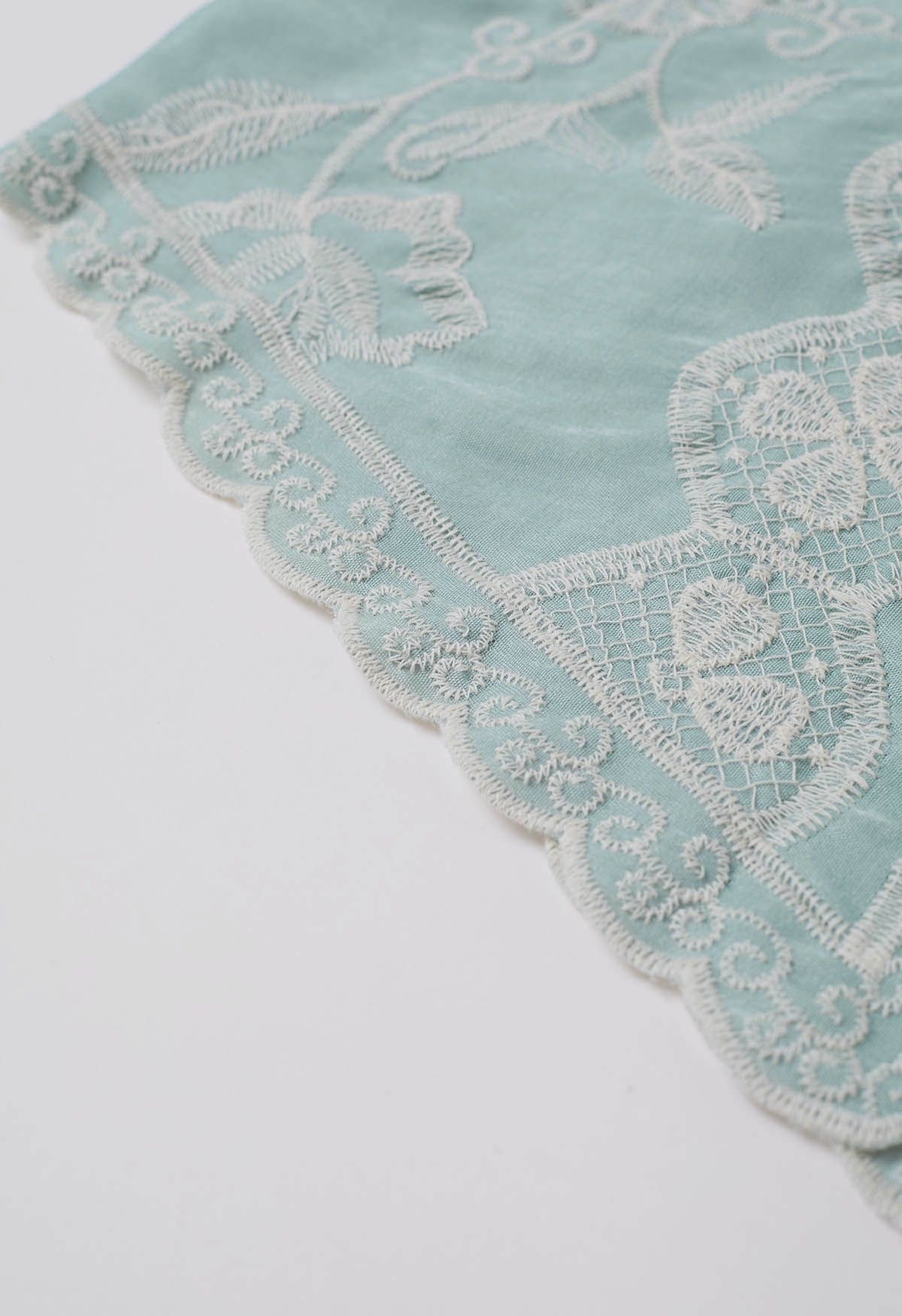 Lace Up Floral Embroidery Cotton Top in Mint