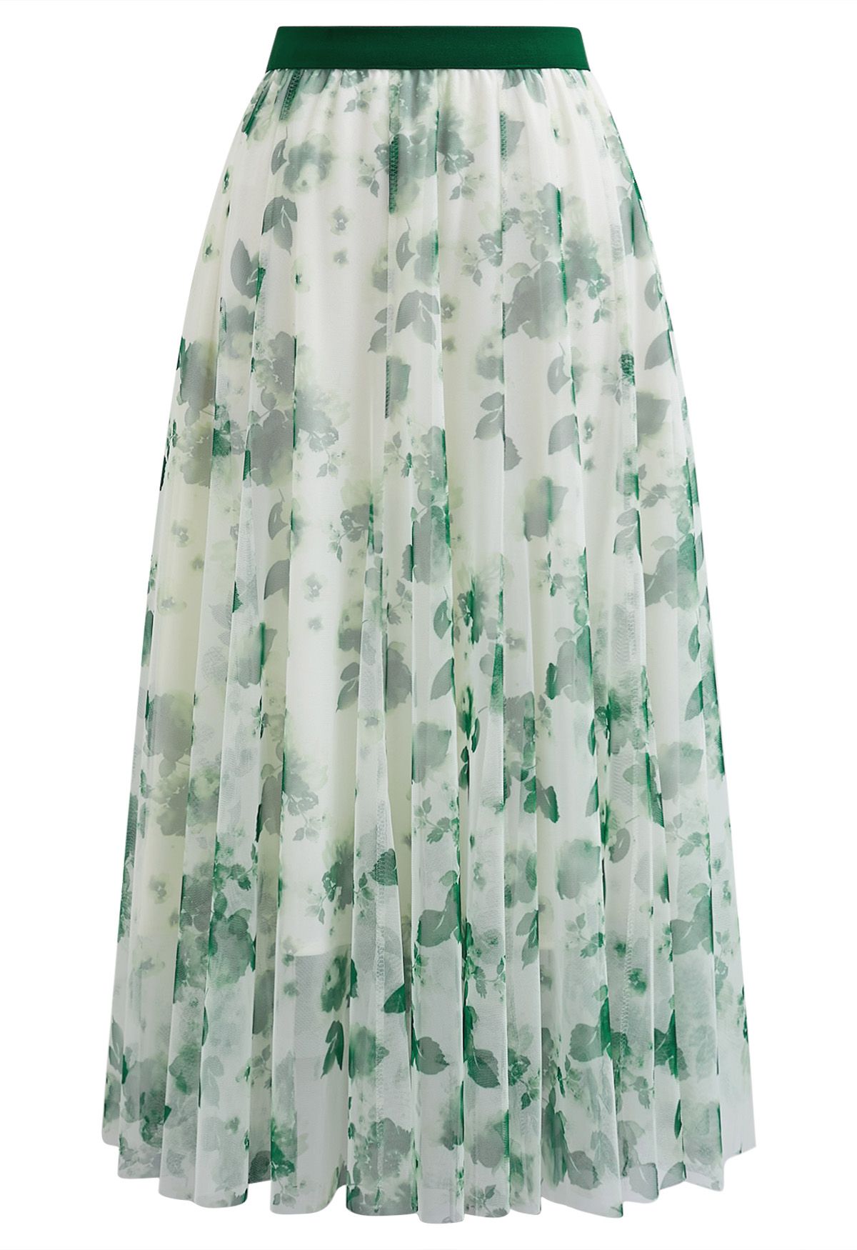 Watercolor Floral Printed Mesh Tulle Midi Skirt in Green