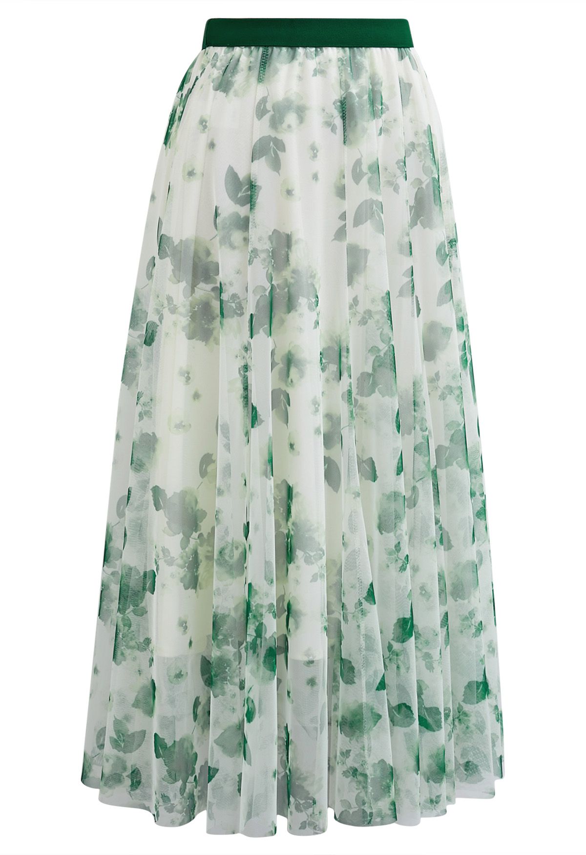 Watercolor Floral Printed Mesh Tulle Midi Skirt in Green