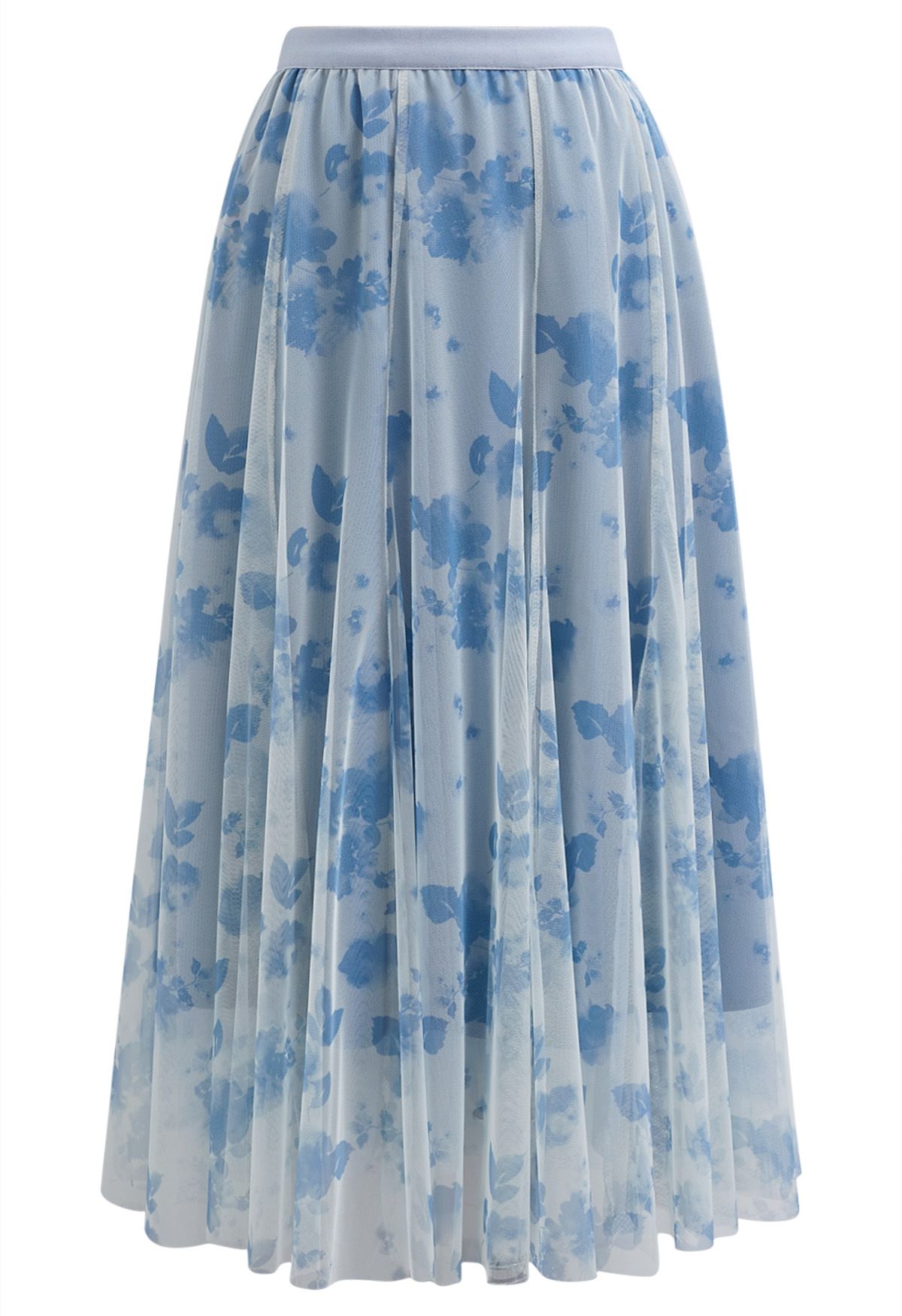 Watercolor Floral Printed Mesh Tulle Midi Skirt in Blue