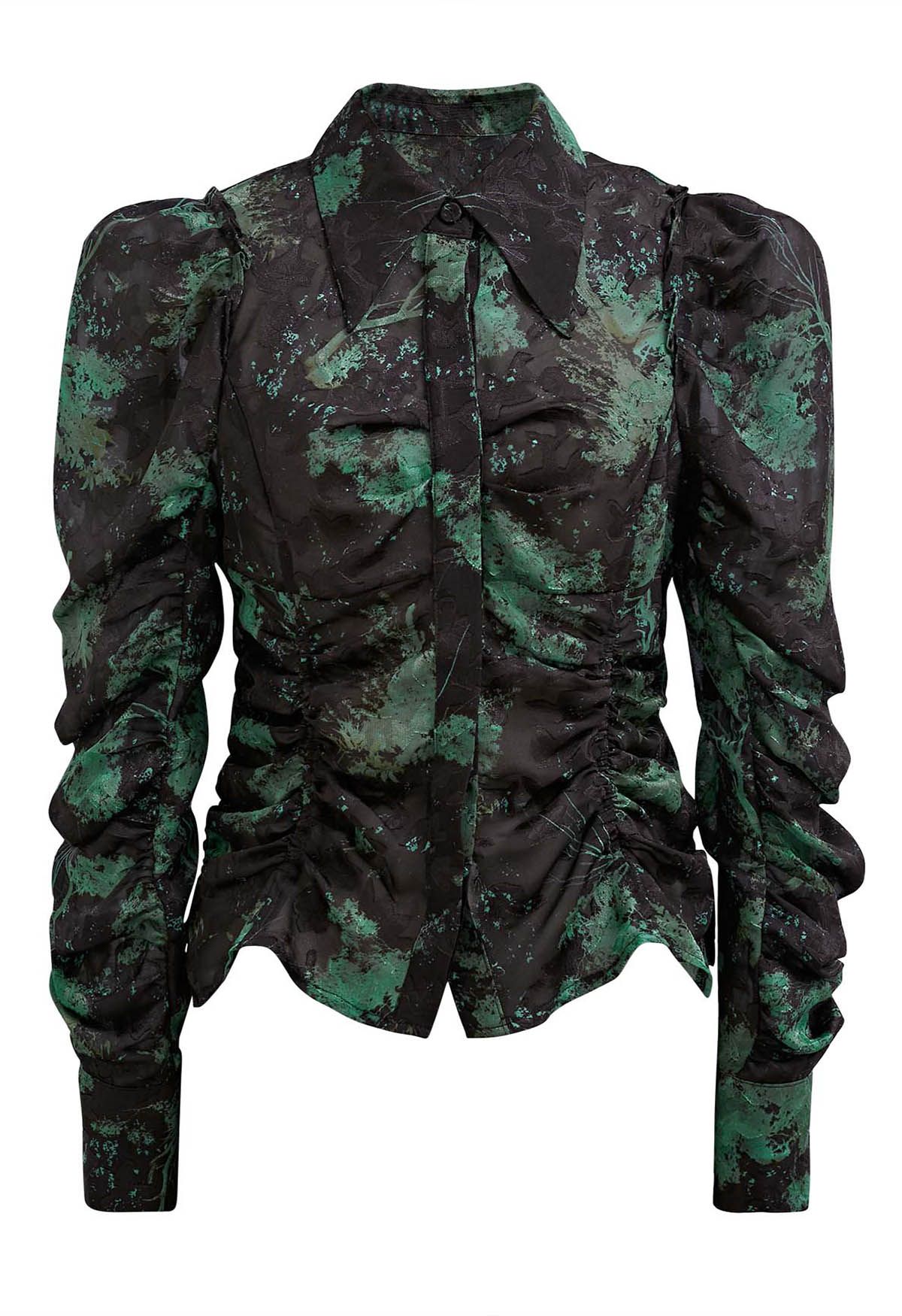 Exaggerated Gigot Sleeve Floral Jacquard Shirt in Green