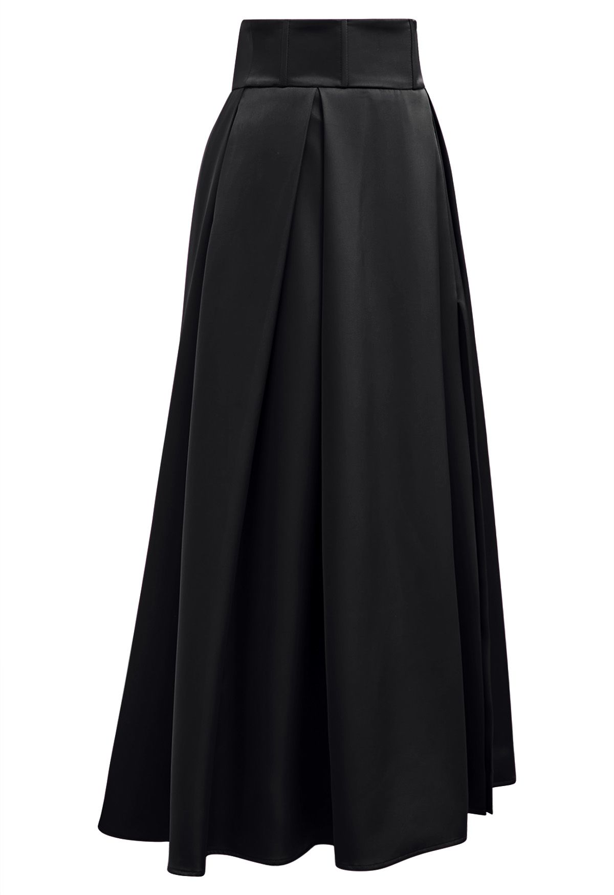 High-Slit Seamed Waist Pleated Satin Maxi Skirt in Black