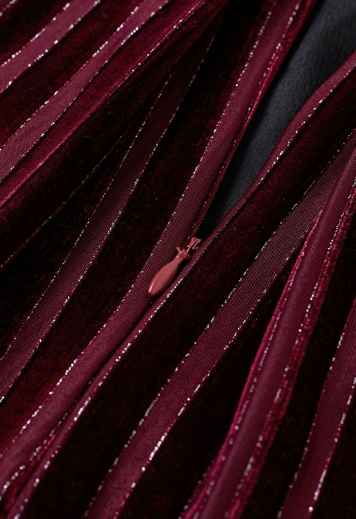 Shimmer Striped Pleated Velvet Midi Skirt in Burgundy