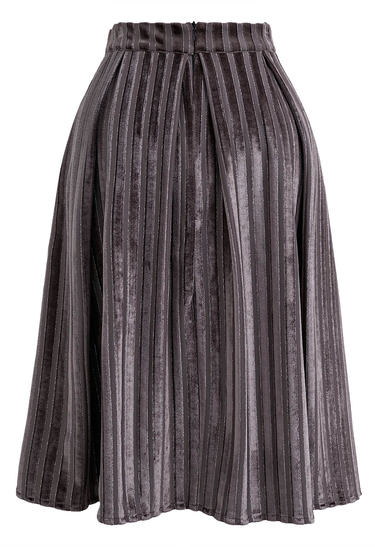 Shimmer Striped Pleated Velvet Midi Skirt in Brown